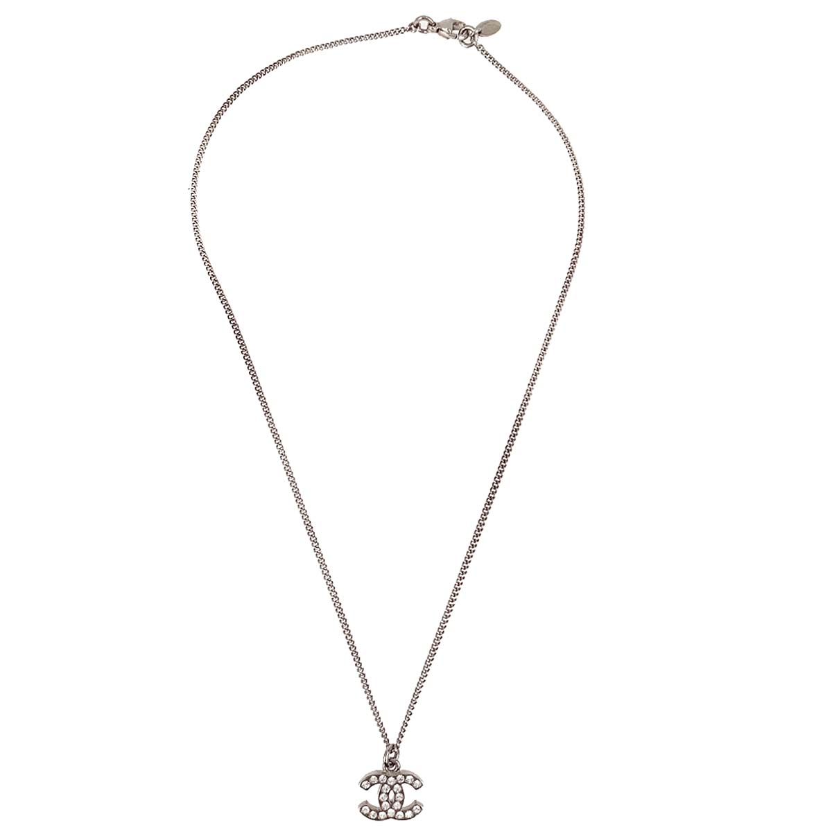 Chanel CC Chain Necklace Pendant Silver Rhinestone 08V