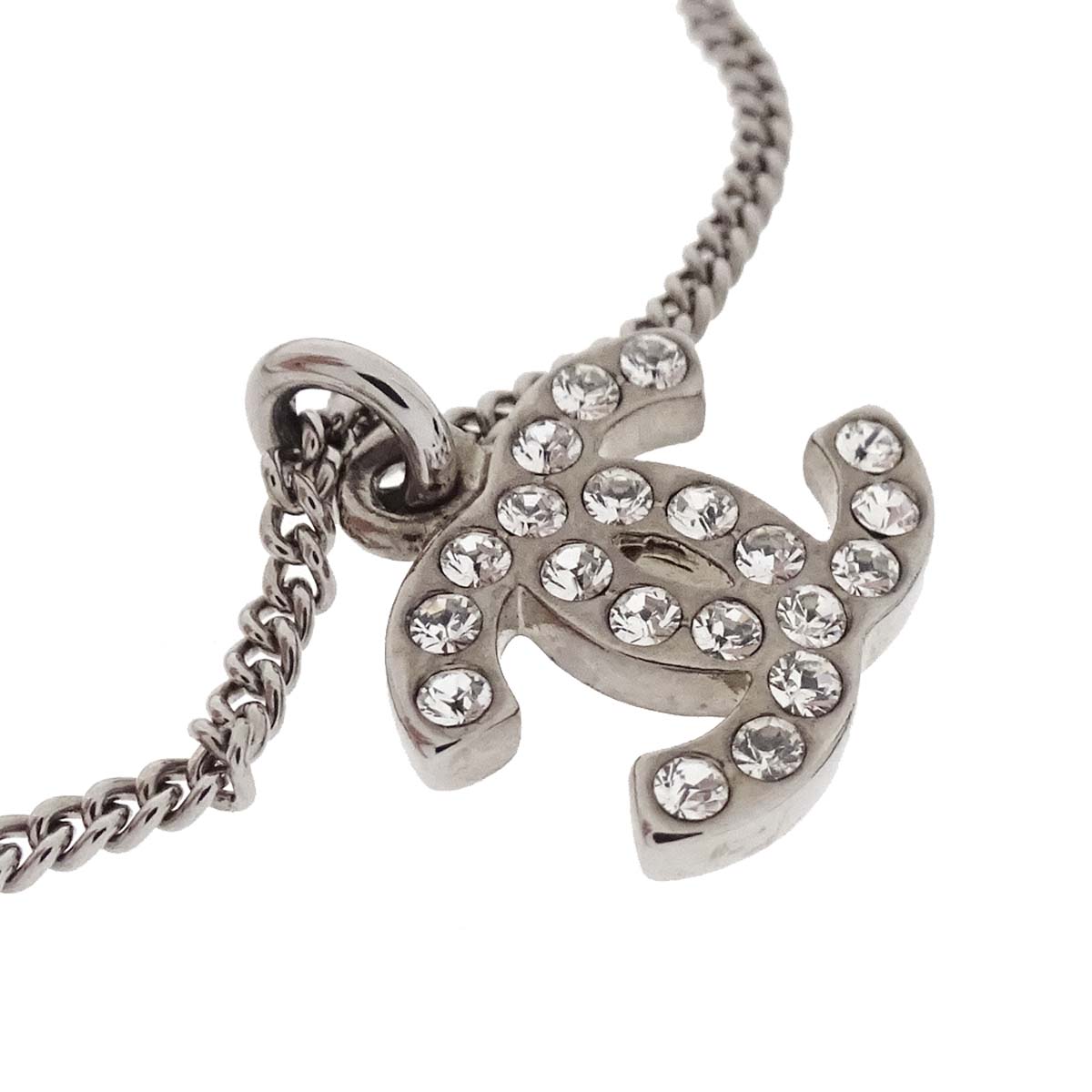 Chanel CC Chain Necklace Pendant Silver Rhinestone 08V