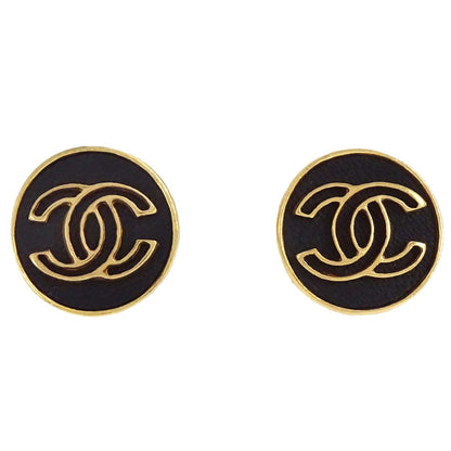 Chanel Button Clip-On Earrings Gold Black 03P