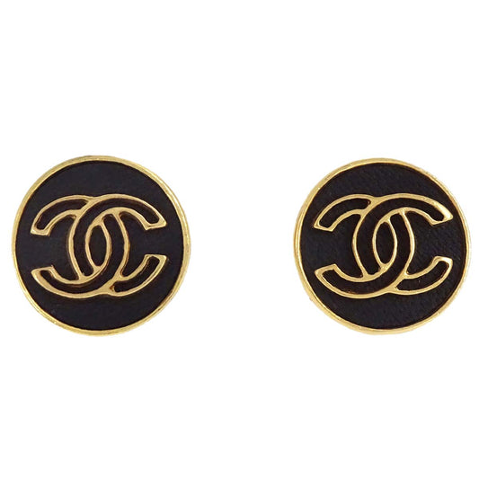 Chanel Button Clip-On Earrings Gold Black 03P