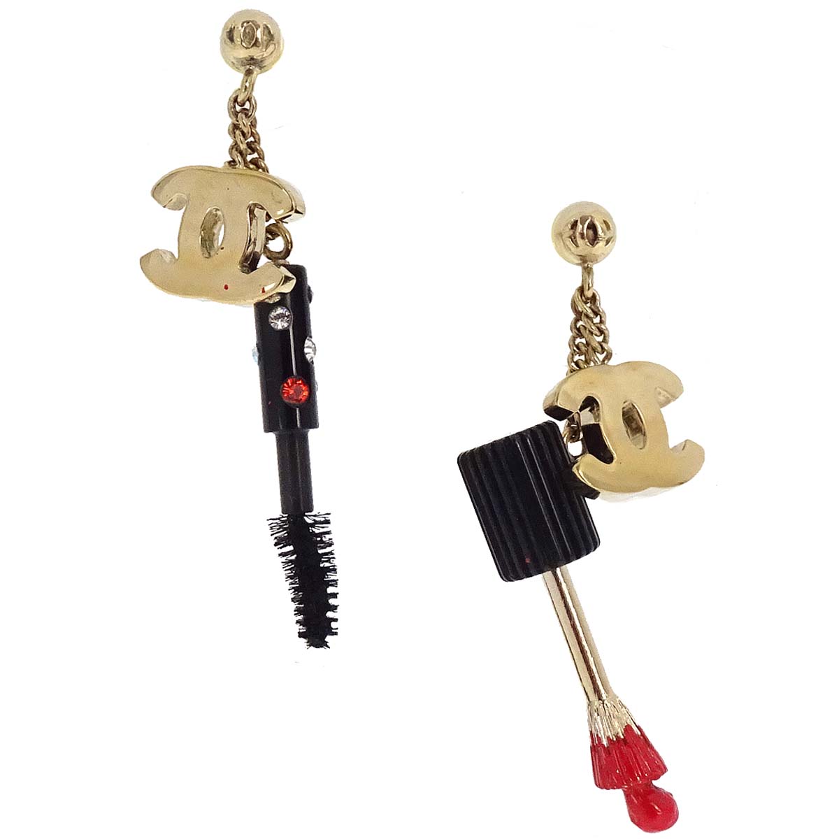 Chanel Nail Brush Mascara Dangle Pierced Earrings Rhinestone Gold 04A