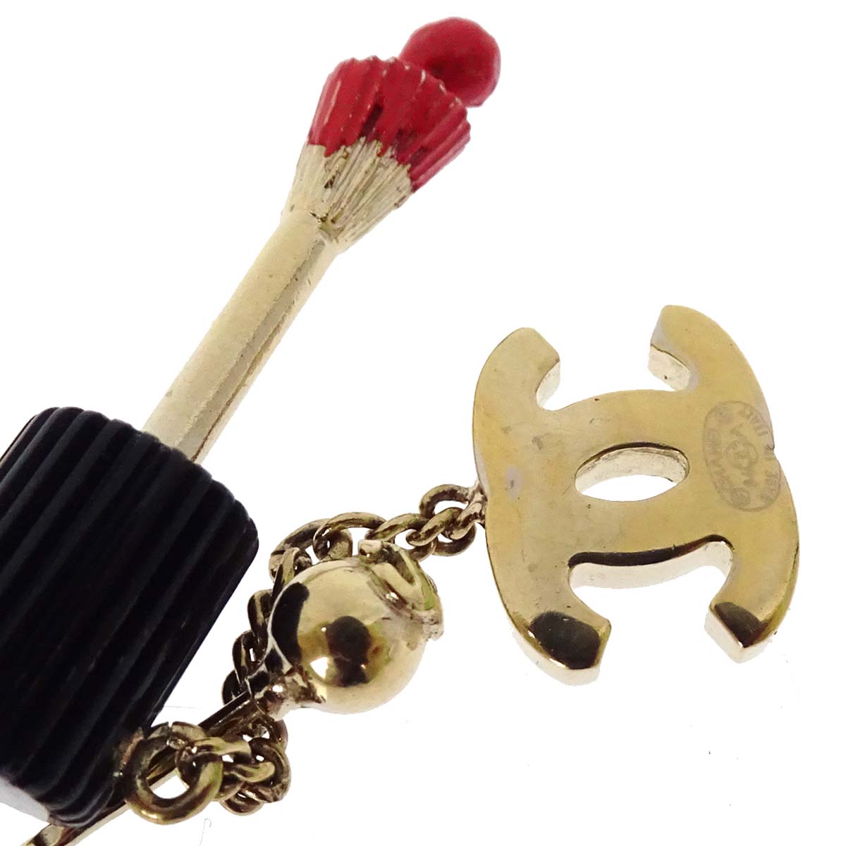 Chanel Nail Brush Mascara Dangle Pierced Earrings Rhinestone Gold 04A