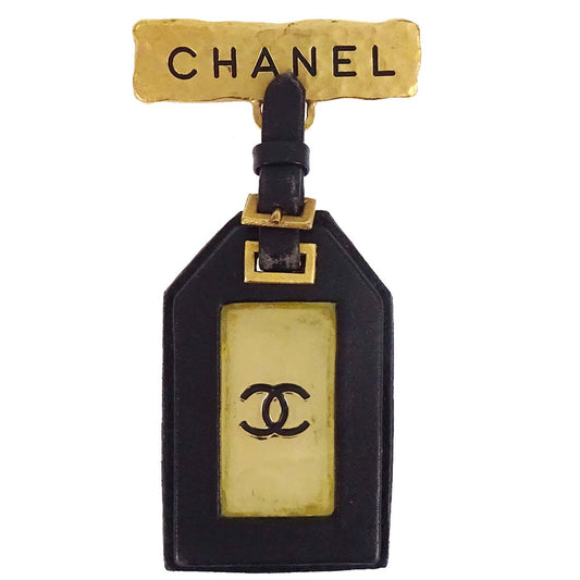 Chanel Dangle Leather Brooch Pin Gold Black 94P