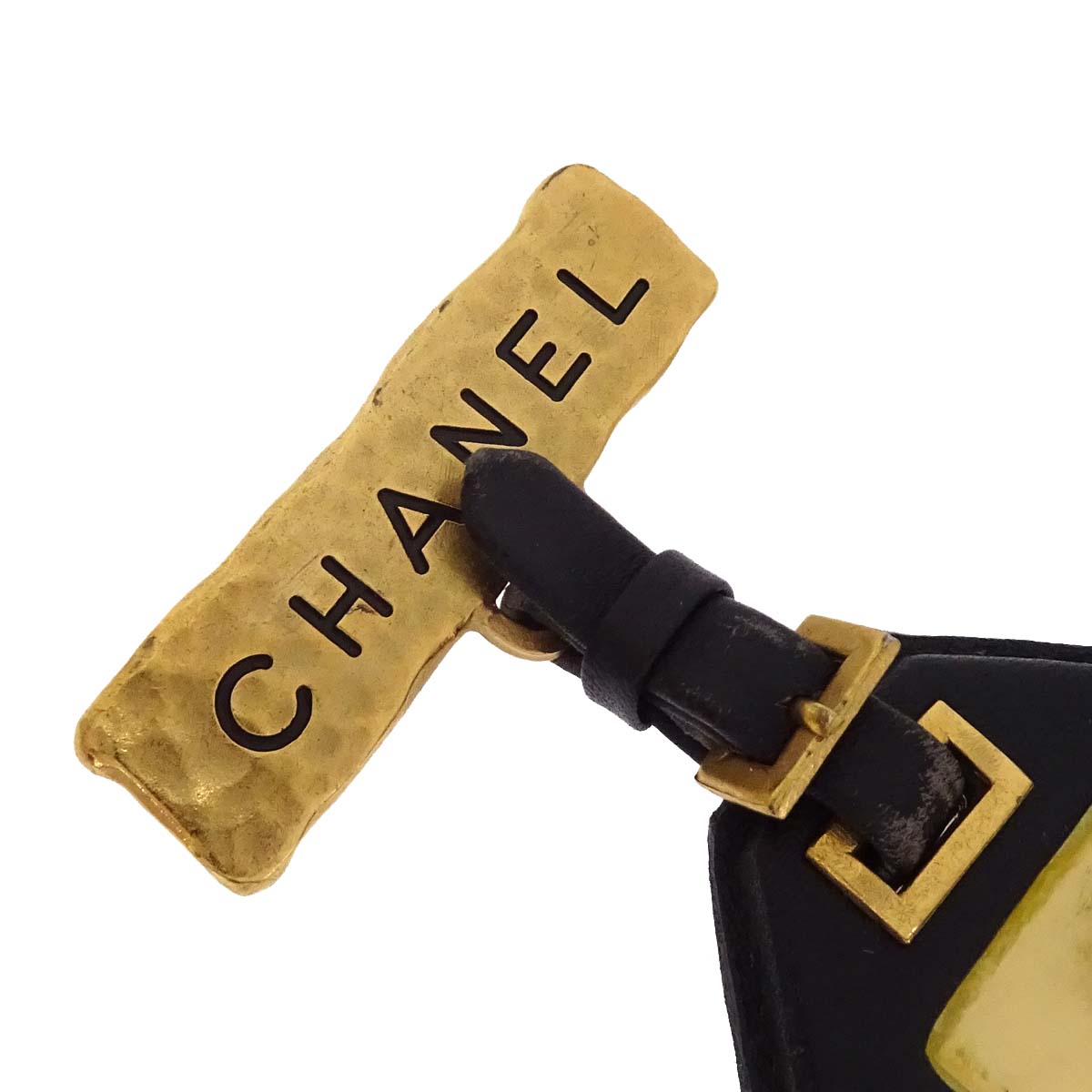 Chanel Dangle Leather Brooch Pin Gold Black 94P