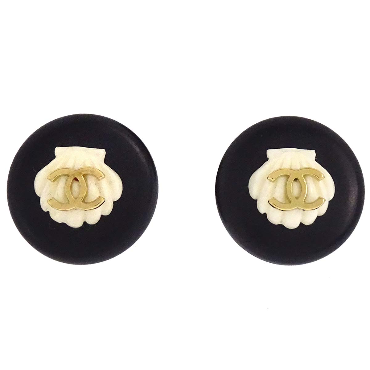 Chanel Button Seashell Clip-On Earrings Gold Black 96C