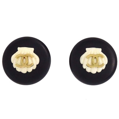 Chanel Button Seashell Clip-On Earrings Gold Black 96C