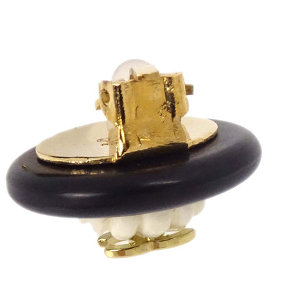 Chanel Button Seashell Clip-On Earrings Gold Black 96C