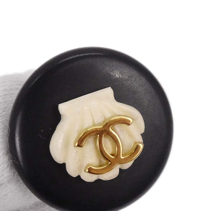 Chanel Button Seashell Clip-On Earrings Gold Black 96C