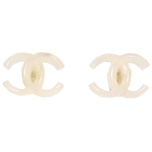 Chanel CC Pierced Earrings White Gold Acrylic 02P