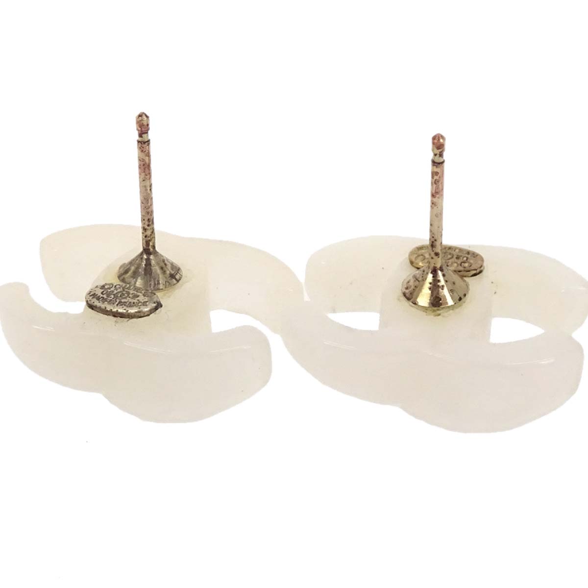 Chanel CC Pierced Earrings White Gold Acrylic 02P
