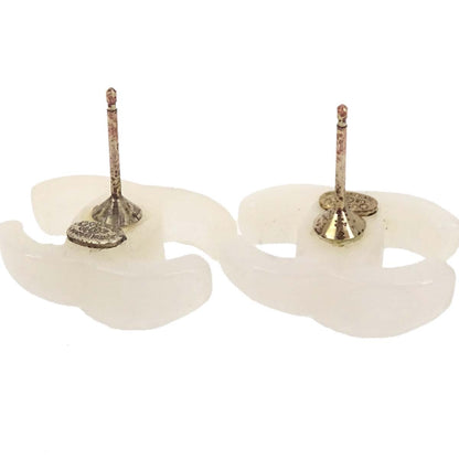 Chanel CC Pierced Earrings White Gold Acrylic 02P