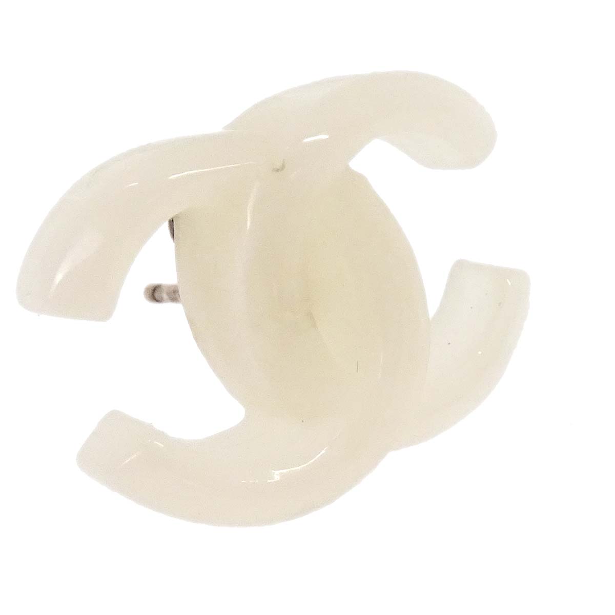 Chanel CC Pierced Earrings White Gold Acrylic 02P