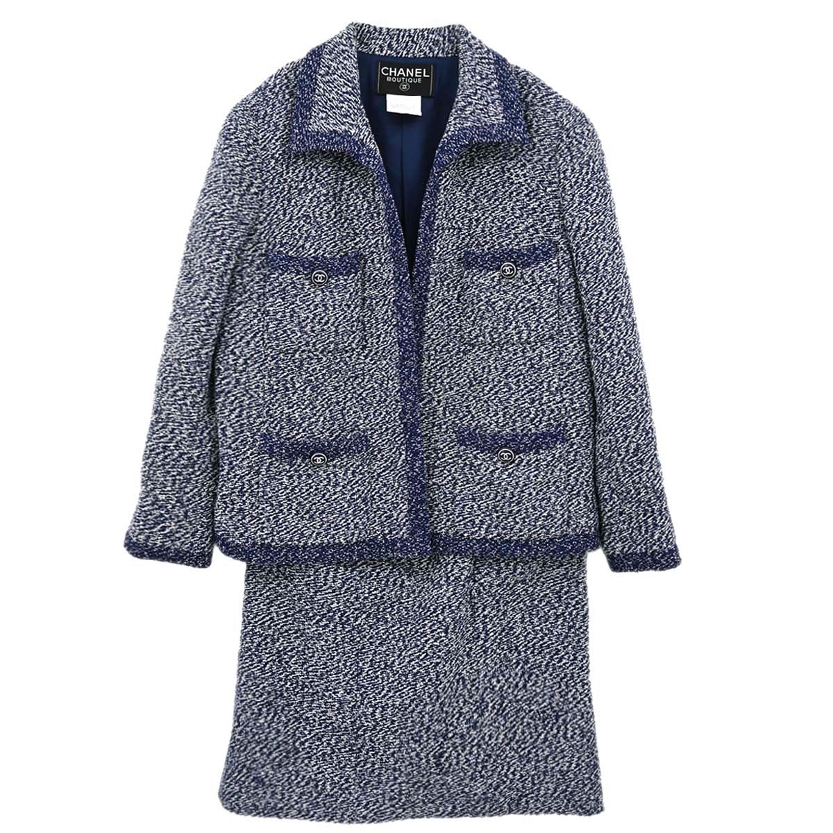 Chanel 1997 Setup Suit Jacket Skirt Tweed Navy #42