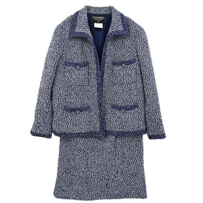 Chanel 1997 Setup Suit Jacket Skirt Tweed Navy #42