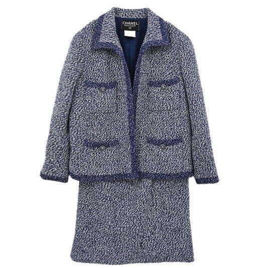 Chanel 1997 Setup Suit Jacket Skirt Tweed Navy #42