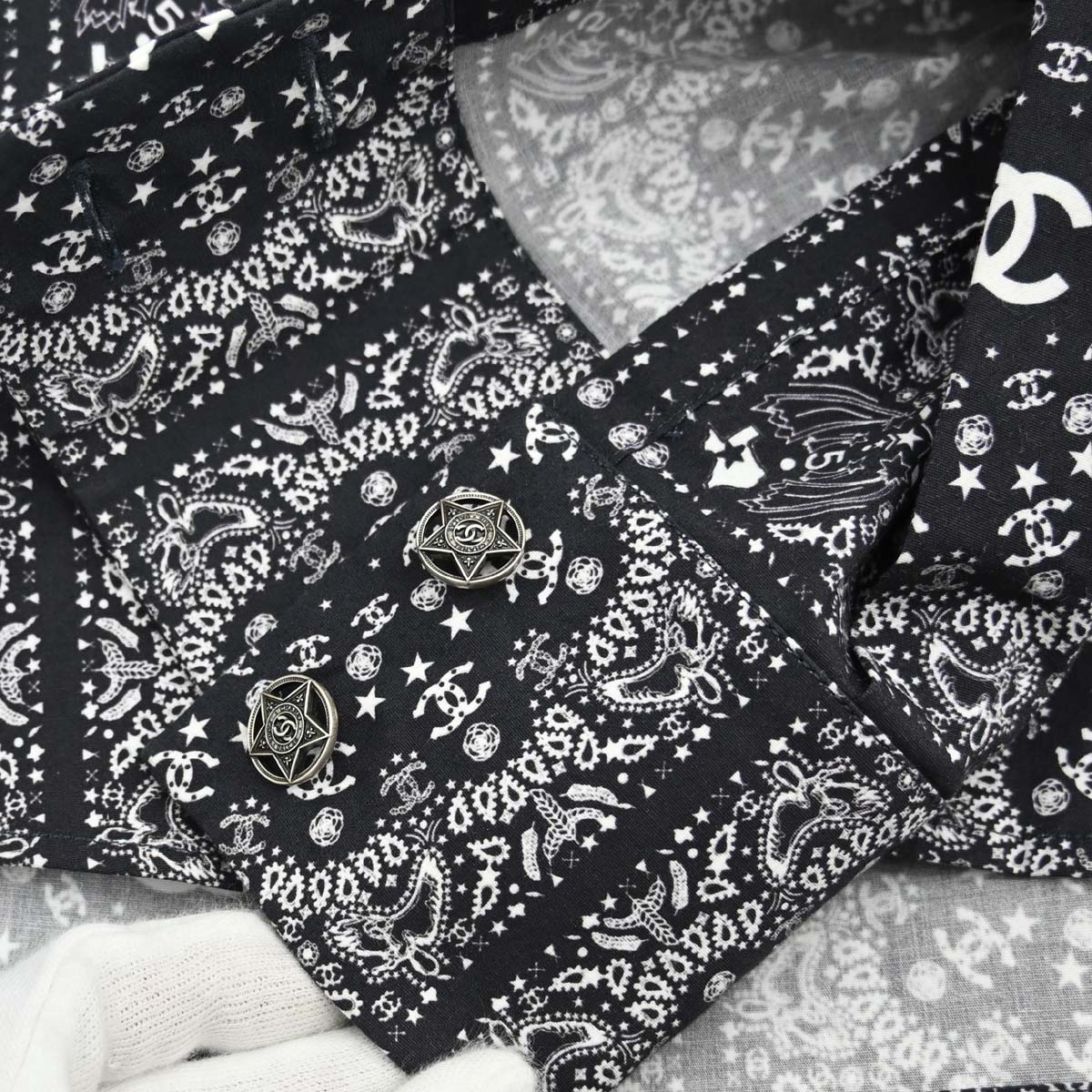 Chanel 2014 All-over Print Blouse Shirt Navy #46