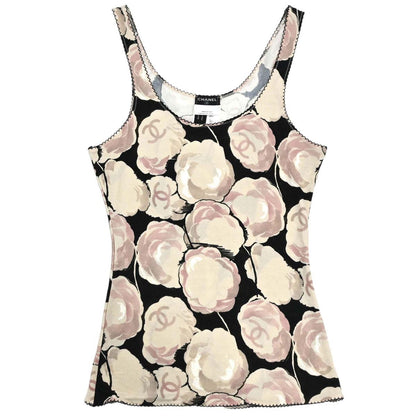 Chanel 2004 Camellia All-over Print Tank Top Beige Black #34