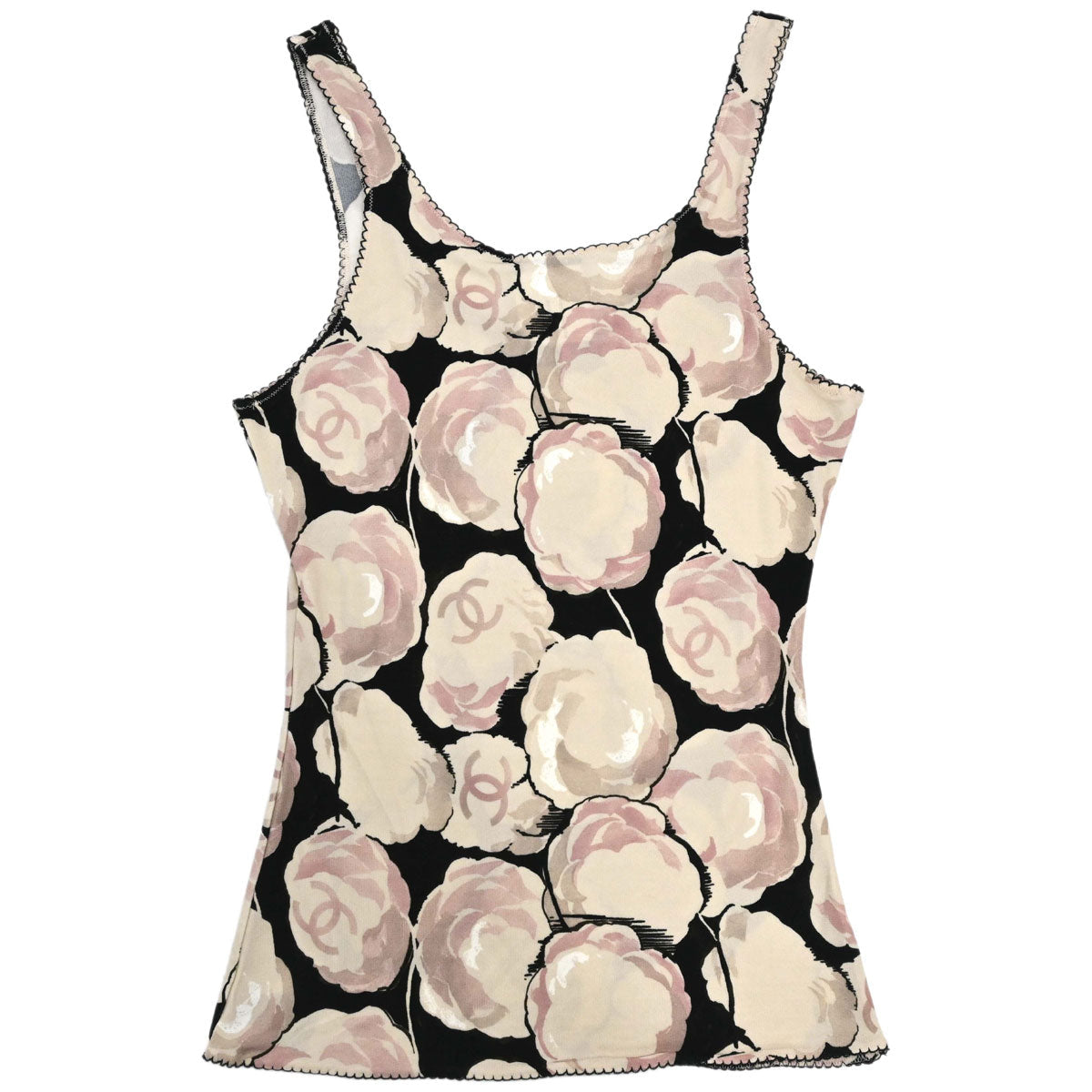 Chanel 2004 Camellia All-over Print Tank Top Beige Black #34