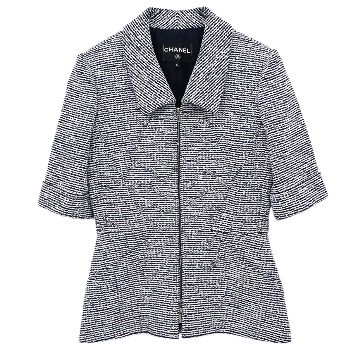 Chanel 2019 Zip Up Short Sleeve Tweed Border Jacket Navy #36