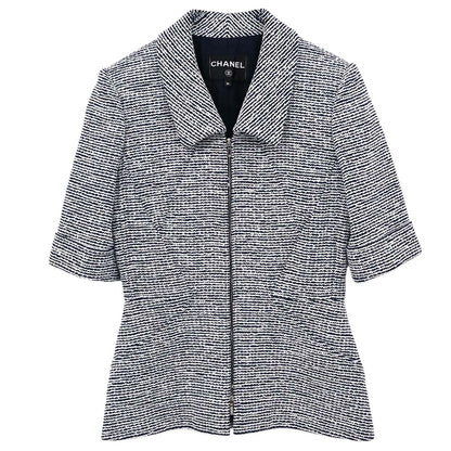 Chanel 2019 Zip Up Short Sleeve Tweed Border Jacket Navy #36