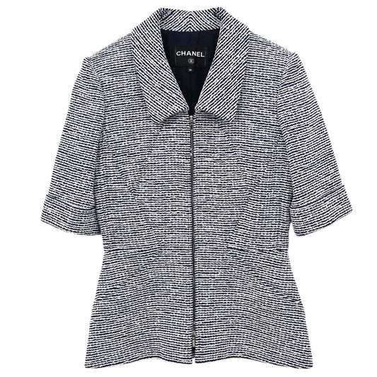 Chanel 2019 Zip Up Short Sleeve Tweed Border Jacket Navy #36