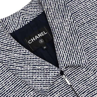 Chanel 2019 Zip Up Short Sleeve Tweed Border Jacket Navy #36