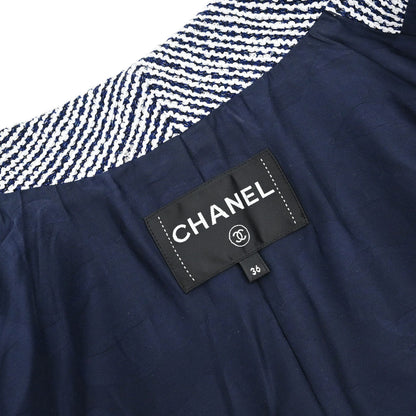 Chanel 2019 Zip Up Short Sleeve Tweed Border Jacket Navy #36