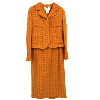 Chanel 1995 Setup Suit Jacket Skirt Tweed Houndstooth Brown #40