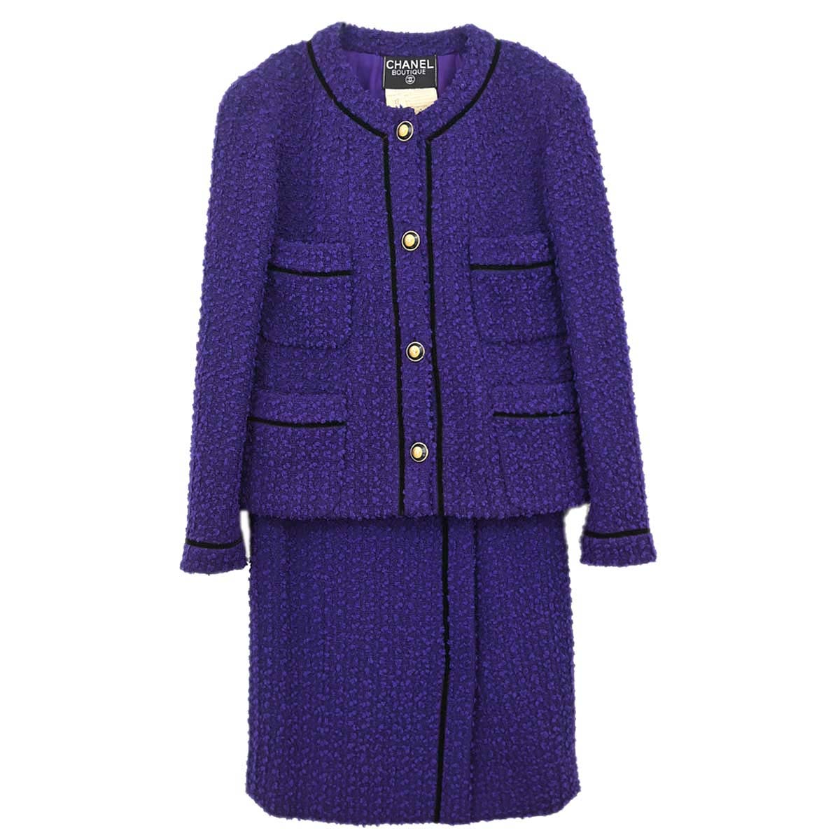 Chanel 1993 Setup Suit Jacket Skirt Tweed Purple
