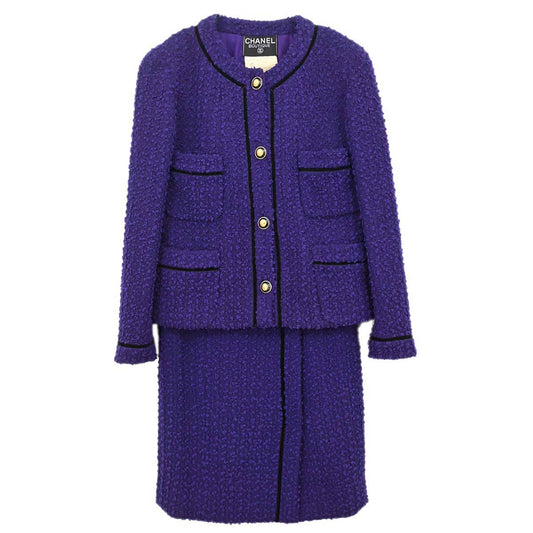 Chanel 1993 Setup Suit Jacket Skirt Tweed Purple