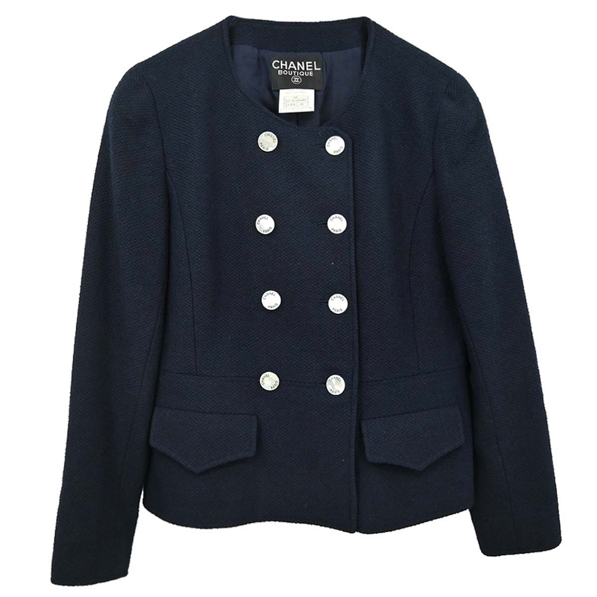 Chanel 1997 Collarless Tweed Jacket Navy #40