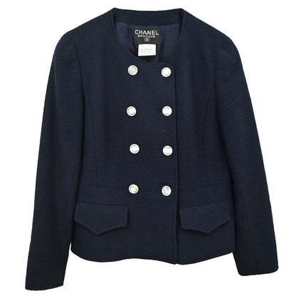 Chanel 1997 Collarless Tweed Jacket Navy #40