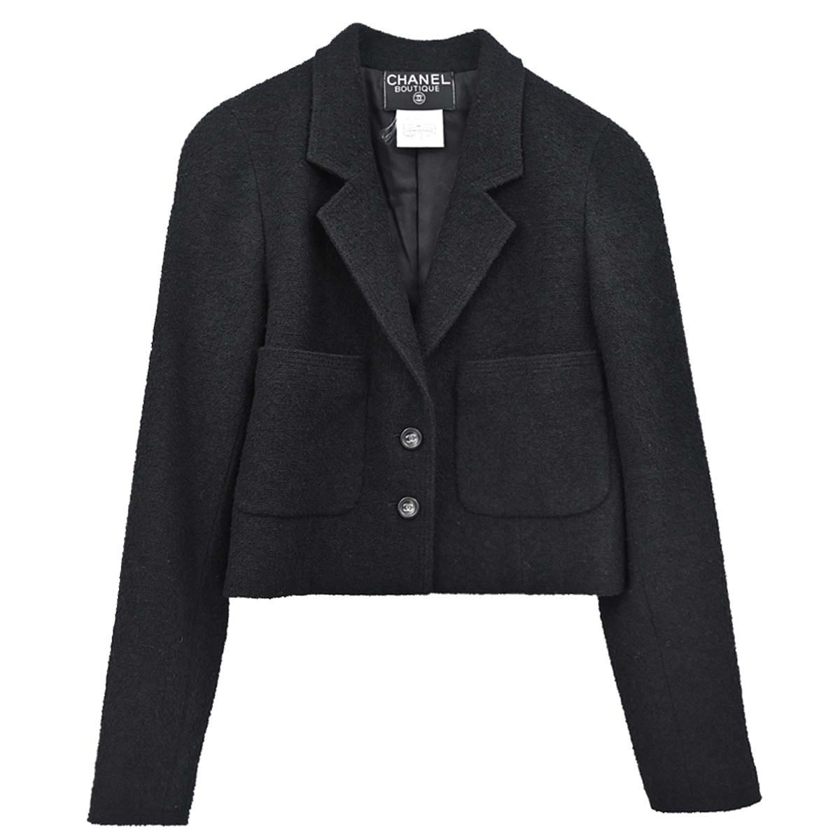 Chanel 1996 Single Breasted Jacket Tweed Black #38
