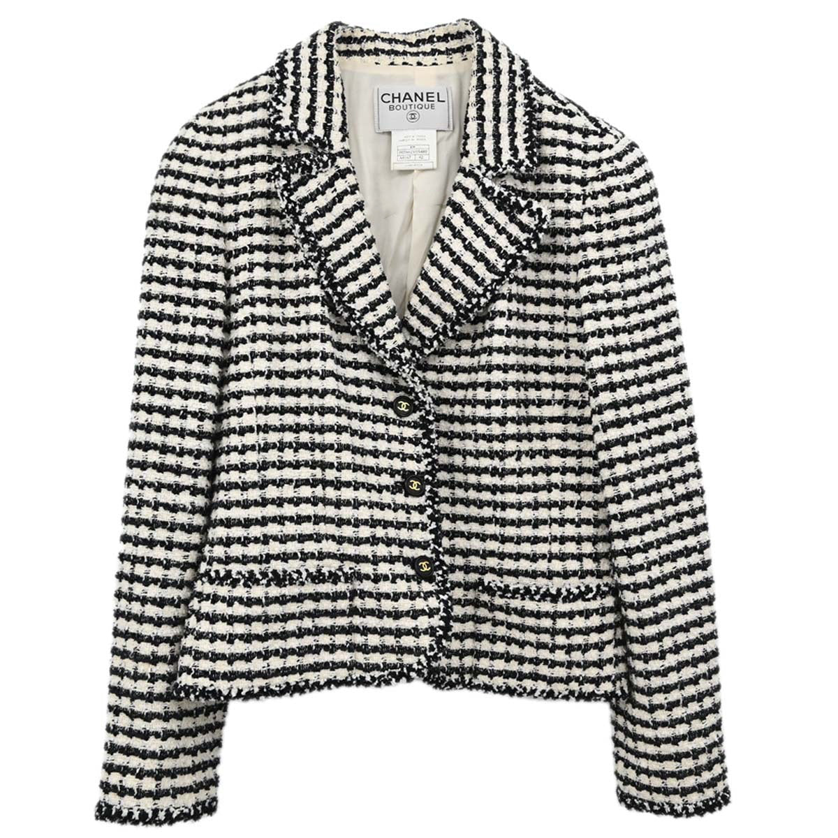 Chanel 1997 Single Breasted Jacket Tweed White Black #42