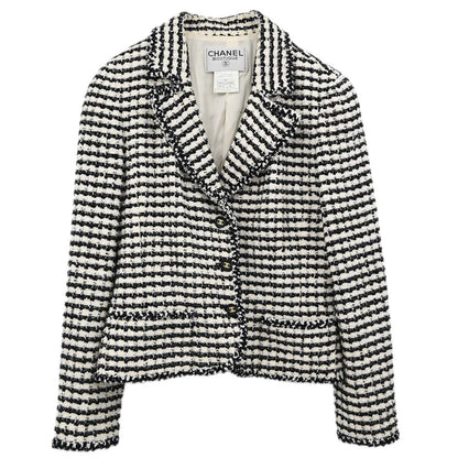 Chanel 1997 Single Breasted Jacket Tweed White Black #42