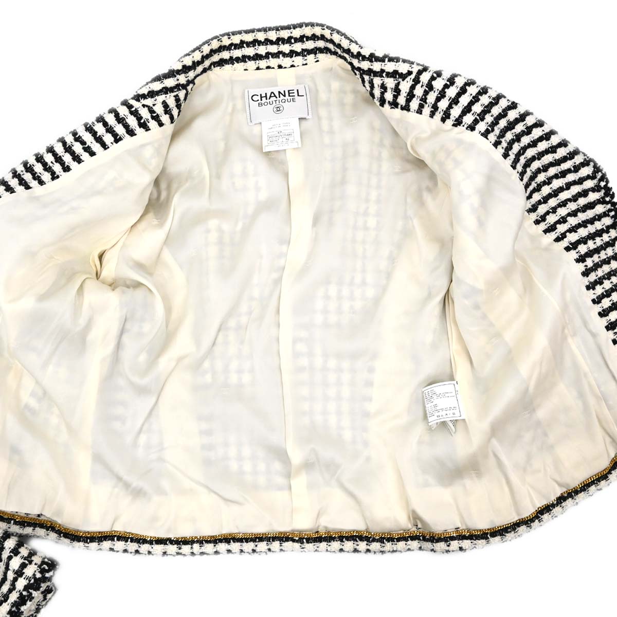 Chanel 1997 Single Breasted Jacket Tweed White Black #42