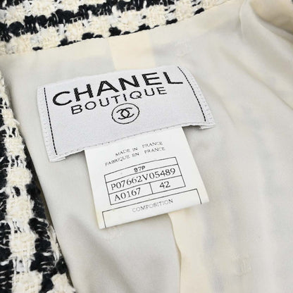 Chanel 1997 Single Breasted Jacket Tweed White Black #42