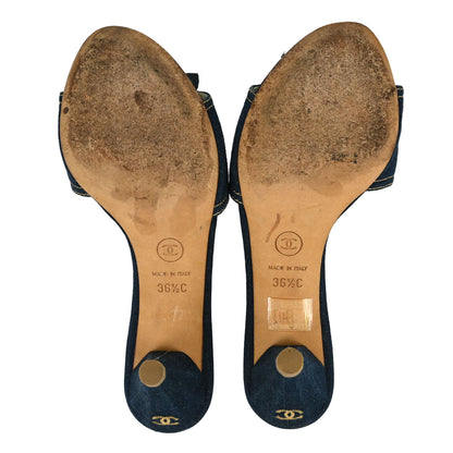 Chanel * Navy Denim Mules Shoes #36 1/2
