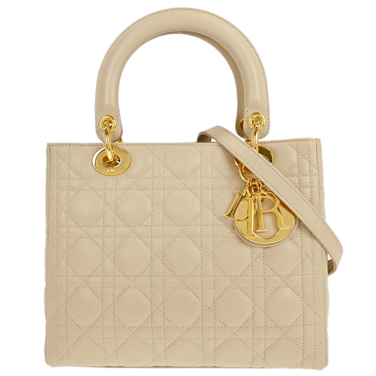 Christian Dior Beige Lambskin Medium Lady Dior Cannage 2way Shoulder Handbag