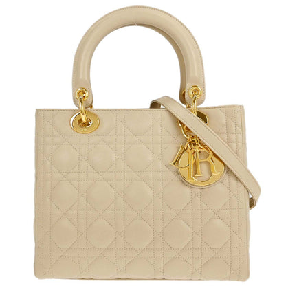 Christian Dior Beige Lambskin Medium Lady Dior Cannage 2way Shoulder Handbag