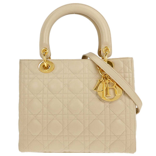 Christian Dior Beige Lambskin Medium Lady Dior Cannage 2way Shoulder Handbag
