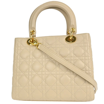 Christian Dior Beige Lambskin Medium Lady Dior Cannage 2way Shoulder Handbag