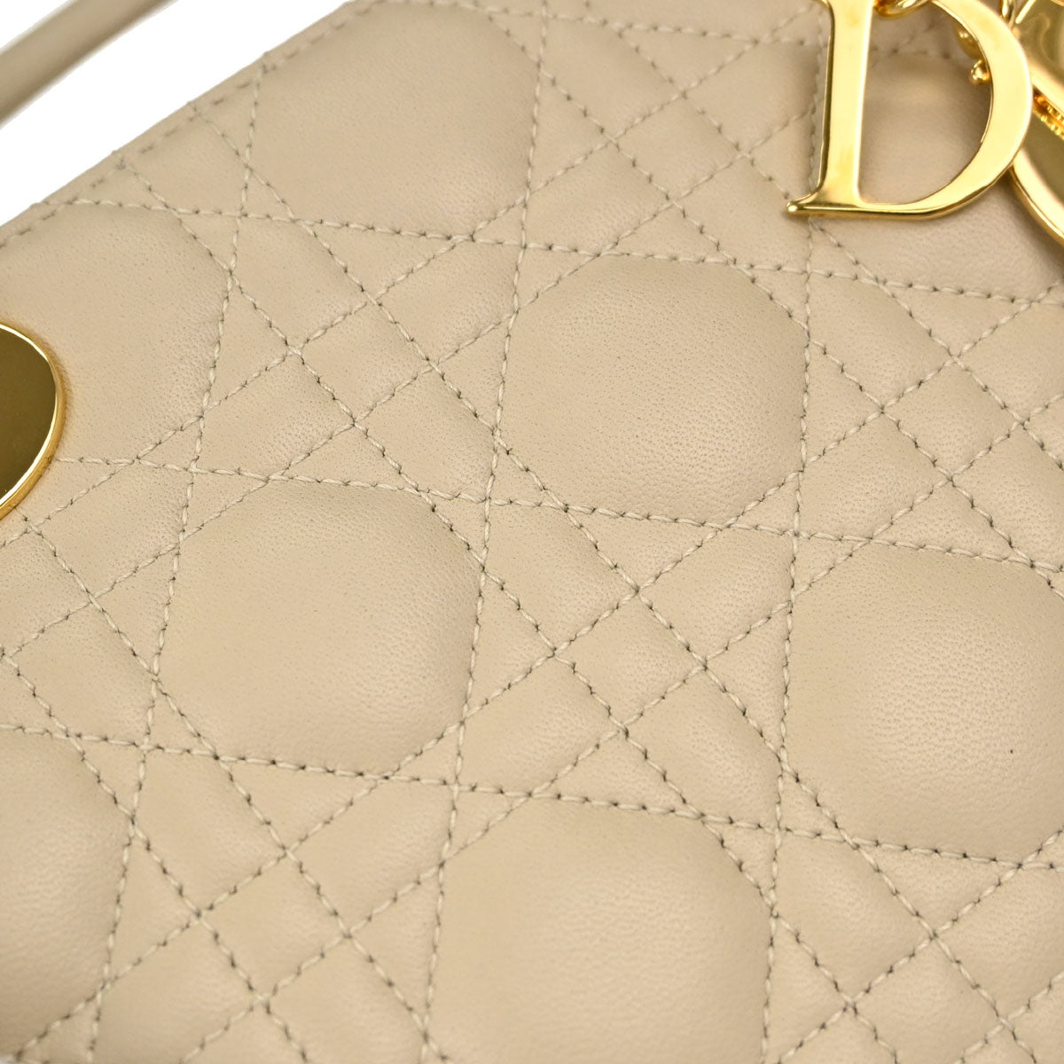 Christian Dior Beige Lambskin Medium Lady Dior Cannage 2way Shoulder Handbag