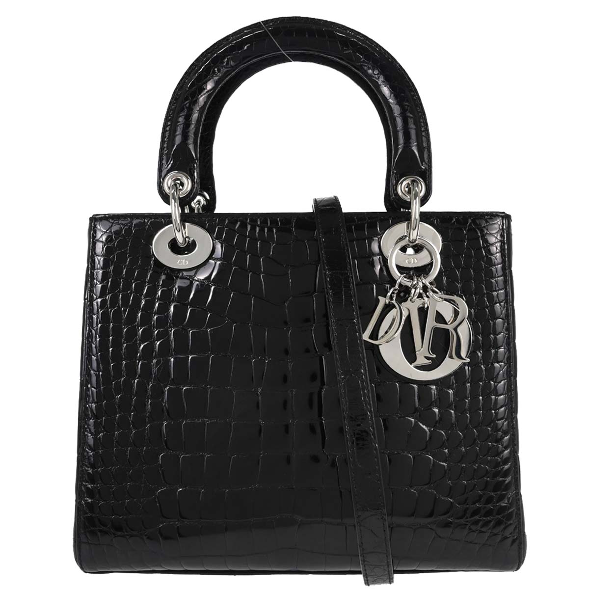 Christian Dior * Black Crocodile Medium Lady Dior 2way Shoulder Handbag