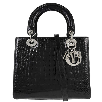 Christian Dior * Black Crocodile Medium Lady Dior 2way Shoulder Handbag