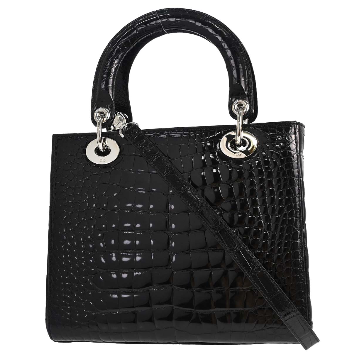 Christian Dior * Black Crocodile Medium Lady Dior 2way Shoulder Handbag