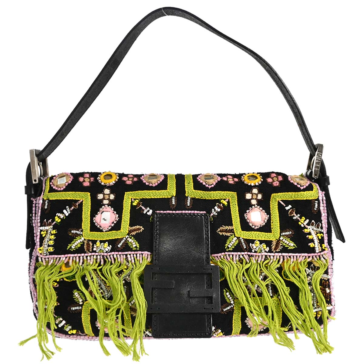 Fendi Black Embroidery Beaded Fringe Baguette Handbag