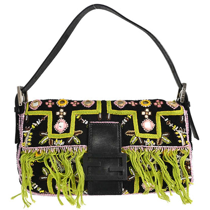 Fendi Black Embroidery Beaded Fringe Baguette Handbag