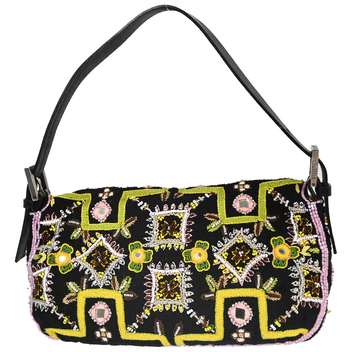 Fendi Black Embroidery Beaded Fringe Baguette Handbag