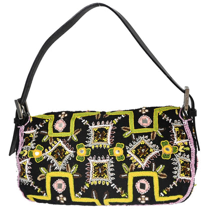 Fendi Black Embroidery Beaded Fringe Baguette Handbag